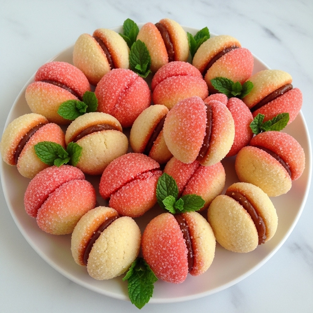 A white plate full of small round peach-shaped cookies, each cookie made of two layers with a light beige bottom layer and a bright orange-red sugar-coated top layer that looks soft and slightly rough because of the sugar. Between the two cookie halves, there is a thin layer of brown filling. Small green mint leaves are placed among the cookies for decoration. The plate is on a white marbled surface. Photo taken with an iphone --ar 4:5 --v 7