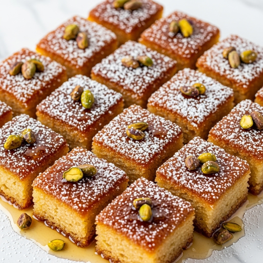 The image shows a close-up of golden-brown baked squares arranged closely in a white dish, each square having a crisp and caramelized top layer with a soft and moist texture inside. There is a light dusting of white powdered sugar scattered on top, along with small pieces of chopped pistachios adding green and brown color contrast. A shiny syrup glistens over and around the squares, pooling slightly at the bottom of the dish. The background is a white marbled texture. Photo taken with an iphone --ar 4:5 --v 7