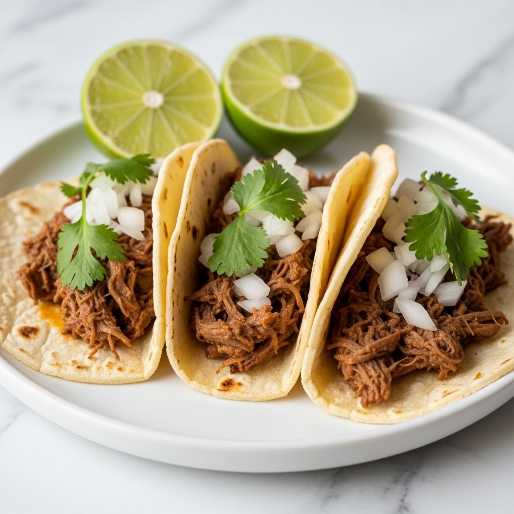 The image shows three small white corn tortillas, each folded and filled with shredded brown beef. The beef is topped with chopped white onions and green cilantro leaves, adding fresh color and texture. The tortillas have a soft, slightly toasted yellow color with some light brown spots. Behind the tacos, two lime halves sit on the side of the white plate, adding a bright green contrast. The plate rests on a white marbled surface, highlighting the fresh ingredients and warm colors of the dish. photo taken with an iphone --ar 4:5 --v 7
