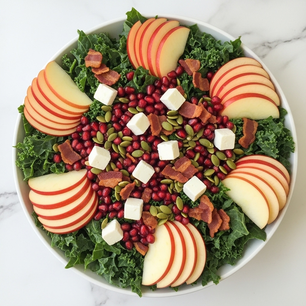 A white bowl filled with a vibrant salad sits on a white marbled surface. The bottom layer is dark green kale leaves, shredded finely. On top of this, several layers of thinly sliced red and yellow apples are arranged in small fanned groups around the bowl. Scattered on the salad are bright red pomegranate seeds, white cheese cubes, crispy brown bacon pieces, and toasted green pumpkin seeds, adding texture and contrast. The mix looks fresh and colorful with varied shapes and colors lying closely together. Photo taken with an iphone --ar 4:5 --v 7