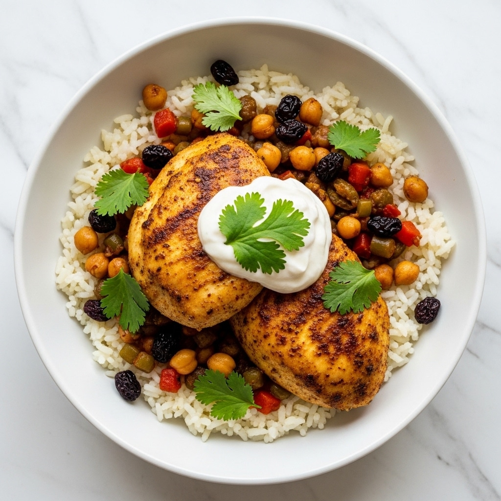 A bowl filled with a base layer of cooked white rice, topped with two pieces of seasoned, golden-brown chicken. Over the chicken and rice, there is a mixture of small colorful vegetables and chickpeas, along with dark dried berries scattered around. Fresh green cilantro leaves are sprinkled over the dish, and a dollop of white creamy sauce rests on top, garnished with a few cilantro leaves. The bowl is white, placed on a white marbled surface. photo taken with an iphone --ar 4:5 --v 7