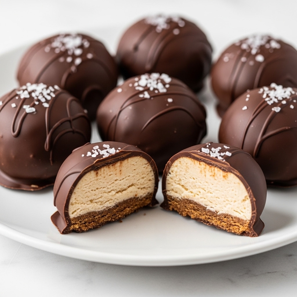The image shows a white plate with five round chocolate-covered treats. Each treat has a dark chocolate outer layer with a smooth and glossy texture, sprinkled with coarse white salt flakes on top. Two of the treats are cut open, revealing a thick, creamy, light beige filling inside that looks soft and crumbly. The chocolate shell is about one layer thick, surrounding the filling fully. The white plate sits on a white marbled surface. photo taken with an iphone --ar 4:5 --v 7