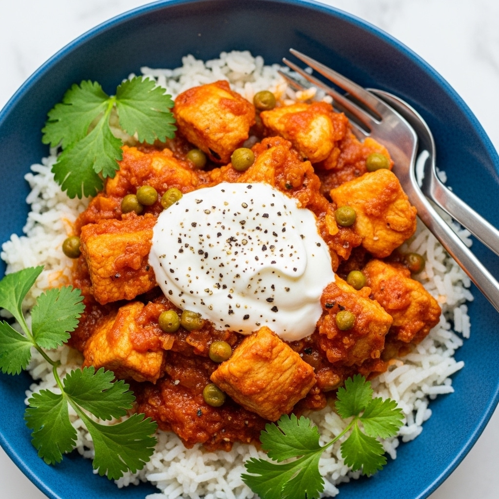 A close-up of a blue bowl filled with white rice at the bottom, topped with chunks of cooked chicken covered in a thick reddish-orange sauce with visible green peas and small bits of vegetables. On top of the chicken and sauce, there is a dollop of creamy white yogurt sprinkled with black pepper. Fresh green cilantro leaves are scattered on the yogurt and around the dish. A silver fork and chopsticks rest on the edge of the bowl. The background is a white marbled texture. Photo taken with an iphone --ar 4:5 --v 7