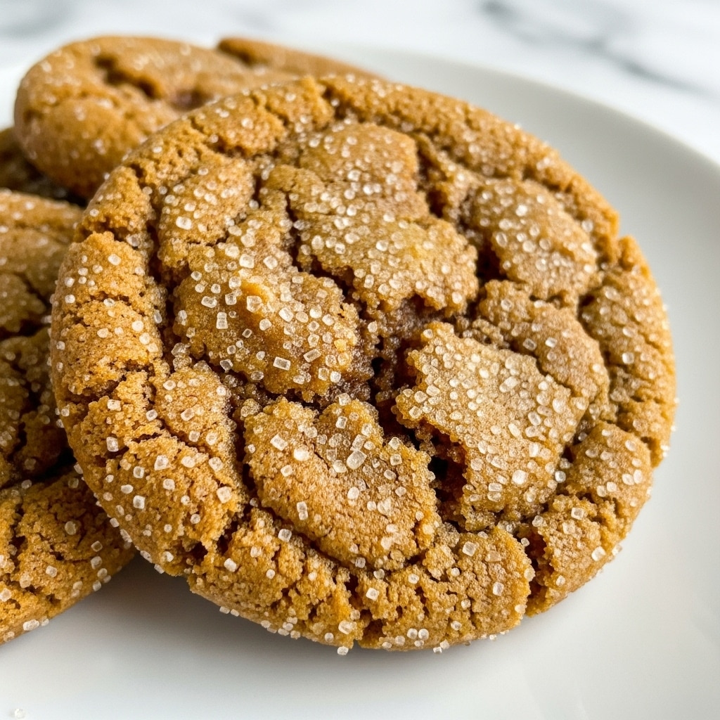 The image shows a very close-up view of a single brown cookie with a cracked, chewy texture. The cookie has a golden-brown color with a rough surface covered by large sugar crystals sparkling in the light. The cookie's top layer is thin and slightly cracked, revealing a softer, moist interior beneath. The cookie rests on a white plate that is partly visible along the edges. The background is a white marbled texture that softly contrasts with the cookie’s warm tones. photo taken with an iphone --ar 4:5 --v 7
