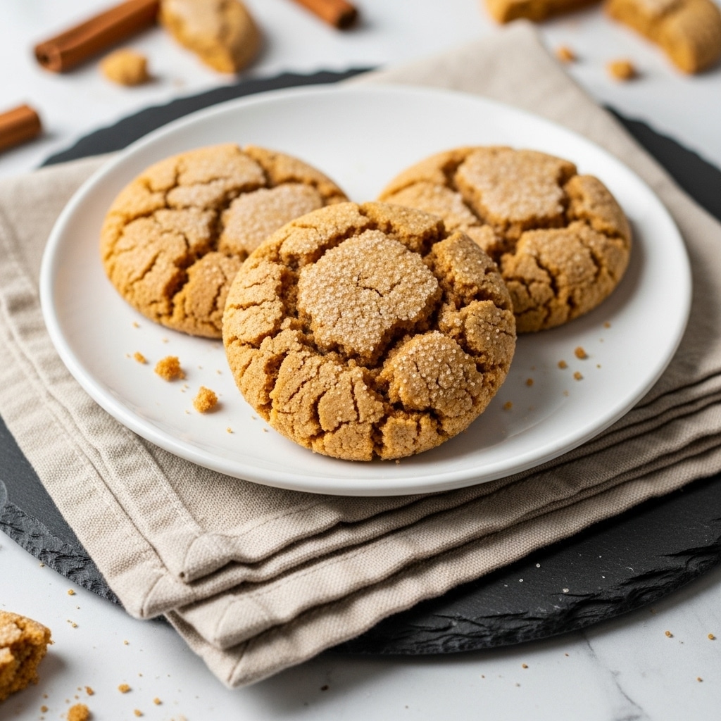 Three round, golden-brown cookies with a cracked, slightly rough texture are placed on a white plate. One cookie is in the front center, showing its full surface sprinkled lightly with granulated sugar, while two more cookies overlap behind it. There are small cookie crumbs scattered on the plate and around it. The plate sits on a folded beige cloth napkin, which is on a dark round slate serving board. Cinnamon sticks and more broken cookies are partially visible in the blurred background, all set against a white marbled textured surface. photo taken with an iphone --ar 4:5 --v 7