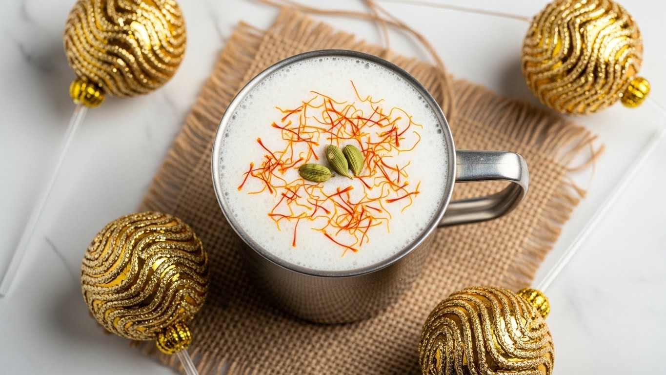 A metal mug filled with a frothy, creamy white liquid sprinkled with thin strands of orange saffron and a few small green cardamom pods on top. The mug sits on a rough, beige jute fabric that rests on a white marbled surface. Around the mug, there are golden decorative balls with intricate, wavy patterns and clear sticks attached, adding a festive touch to the composition. Photo taken with an iphone --ar 4:5 --v 7