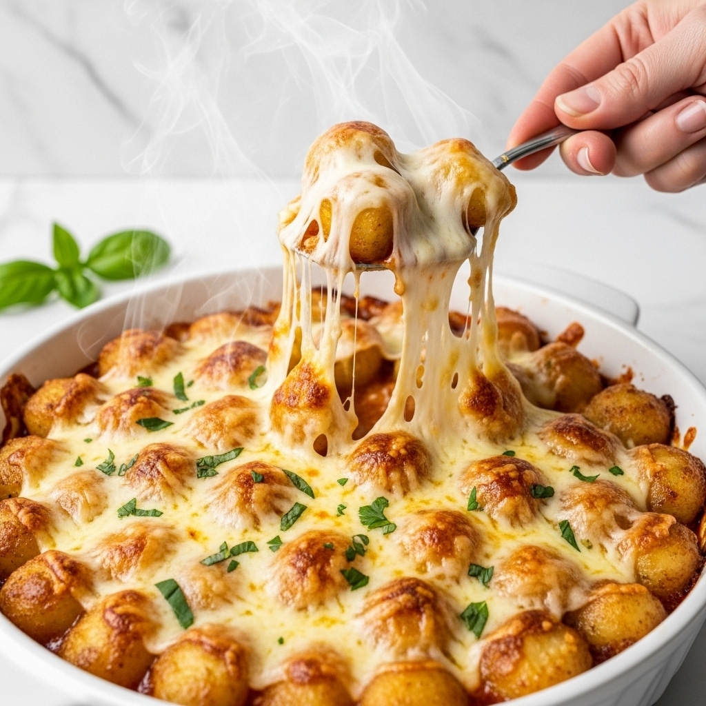 The image shows a white dish filled with bubbling, golden brown gnocchi covered in melted cheese, with some fresh green herbs sprinkled on top. The gnocchi are round, plump, and browned in spots from baking. A woman's hand is raising a spoonful of gnocchi, stretching gooey melted cheese that pulls away from the dish. The background is a white marbled texture, with steam rising from the hot baked gnocchi. A single fresh green basil leaf is visible on the surface. photo taken with an iphone --ar 4:5 --v 7