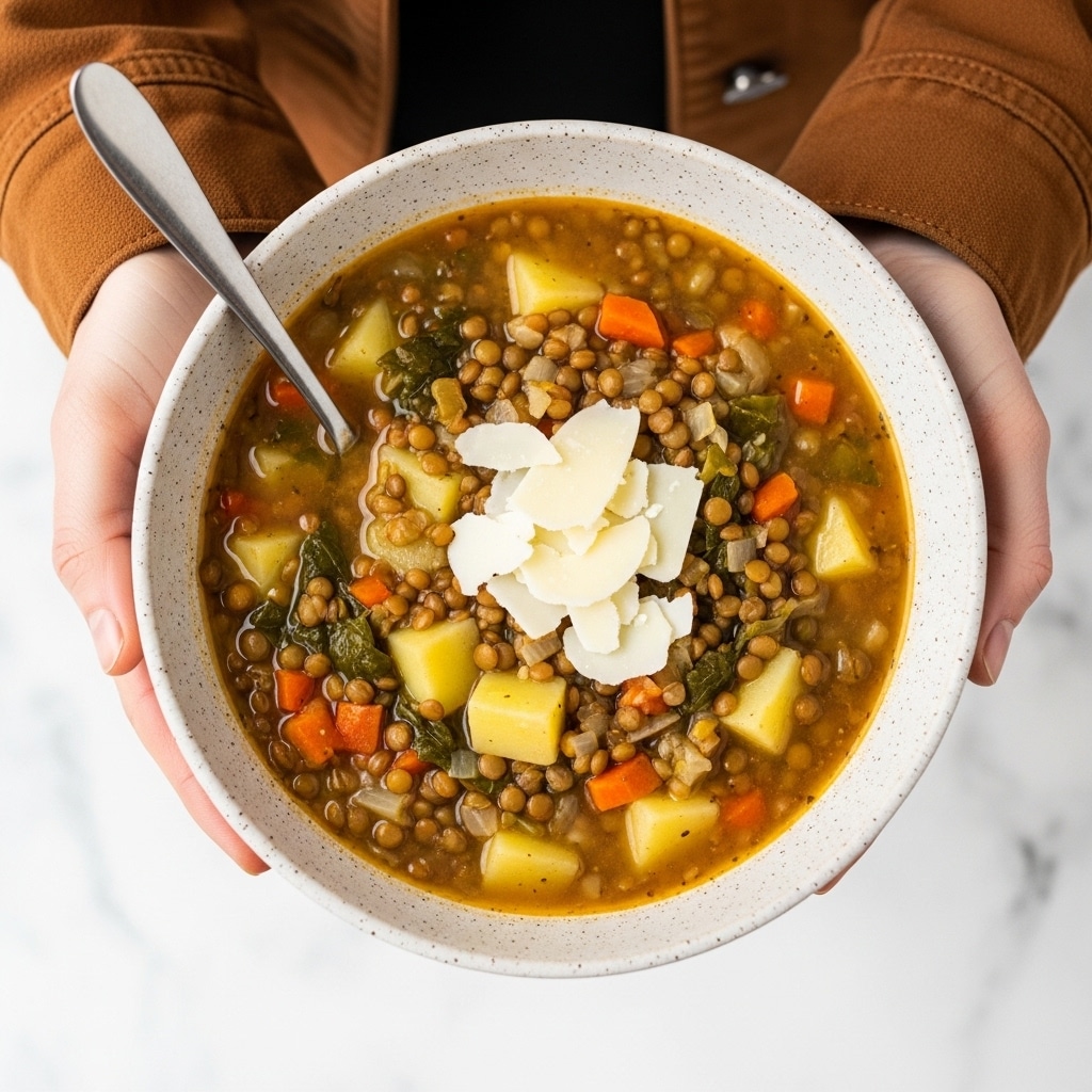 A speckled beige bowl filled with a thick, chunky vegetable soup held by a woman's hands wearing a brown jacket. The soup shows layers of small orange carrot pieces, light brown lentils, green leafy bits, and soft yellow diced potatoes in a broth that looks slightly oily. On the top middle of the soup, there is a light layer of thin white cheese slices. A silver spoon rests inside the bowl on the left side. The background is a white marbled texture. photo taken with an iphone --ar 4:5 --v 7
