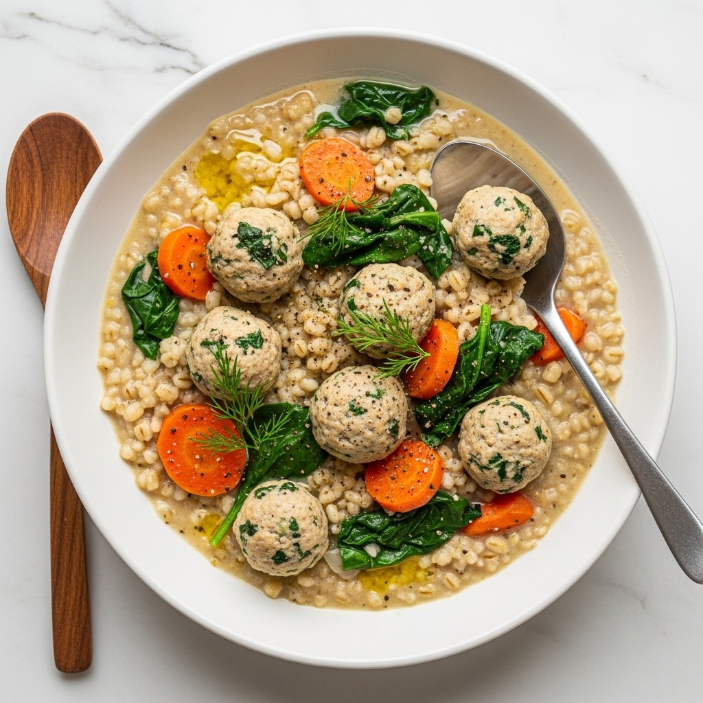 The dish shows a creamy stew served in a white bowl on a white marbled surface with a wooden spoon beside it. The stew has three visible layers: the base is a light beige creamy sauce mixed with grains, topped with small round meatballs that have green herb pieces inside. Interspersed within the stew are bright orange carrot chunks and wilted dark green spinach leaves. The stew is dotted with small sprigs of fresh dill and sprinkled with cracked black pepper, with a glossy finish that suggests a drizzle of oil on top. A silver spoon rests inside the bowl, gently lifting one meatball. Photo taken with an iphone --ar 4:5 --v 7