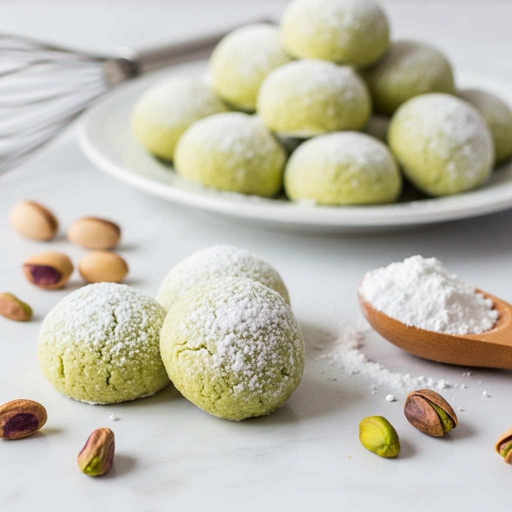 The image shows three small, round, pale green cookies covered with a light dusting of white powdered sugar placed closely together on a white marbled surface. Behind them is a white plate filled with more of the same pale green cookies piled on top of each other. Around the cookies on the surface, there are a few open pistachio nuts with green kernels visible and a wooden spoon filled with white powdered sugar resting to the side. In the background, there is a metal whisk partially visible to the left. The whole scene is soft and bright with a gentle focus on the front cookies. photo taken with an iphone --ar 4:5 --v 7