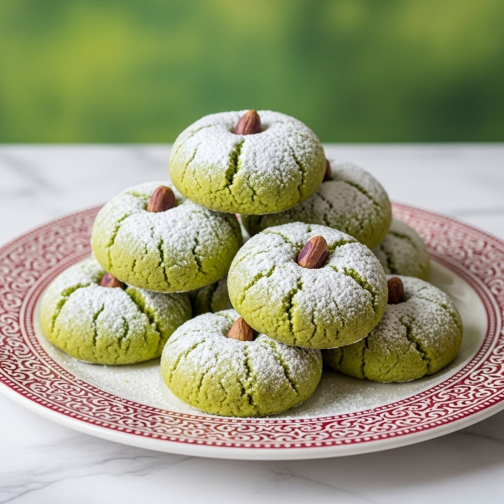 A stack of seven round green cookies sits on a white plate with a red intricate border. Each cookie is dusted with white powdered sugar and has a smooth texture. In the center of each cookie is a whole pistachio nut, adding a small touch of brown-green color. The plate rests on a white marbled surface, with a blurred green background behind it. The lighting highlights the soft, crumbly texture of the cookies and the softness of the powdered sugar. photo taken with an iphone --ar 4:5 --v 7
