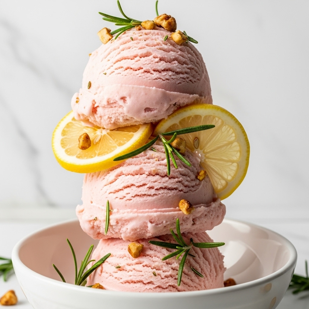 Two large scoops of pale pink ice cream sit stacked in a white bowl, the creamy texture showing some soft ridges. Between the scoops, there are two thin lemon wedges with a bright yellow color and slightly shiny surface. Small pieces of toasted nuts and green rosemary leaves are sprinkled on top and around the ice cream, adding texture and a fresh touch. The background is a white marbled texture with soft light falling on the ice cream, making it look fresh and inviting. Photo taken with an iphone --ar 4:5 --v 7