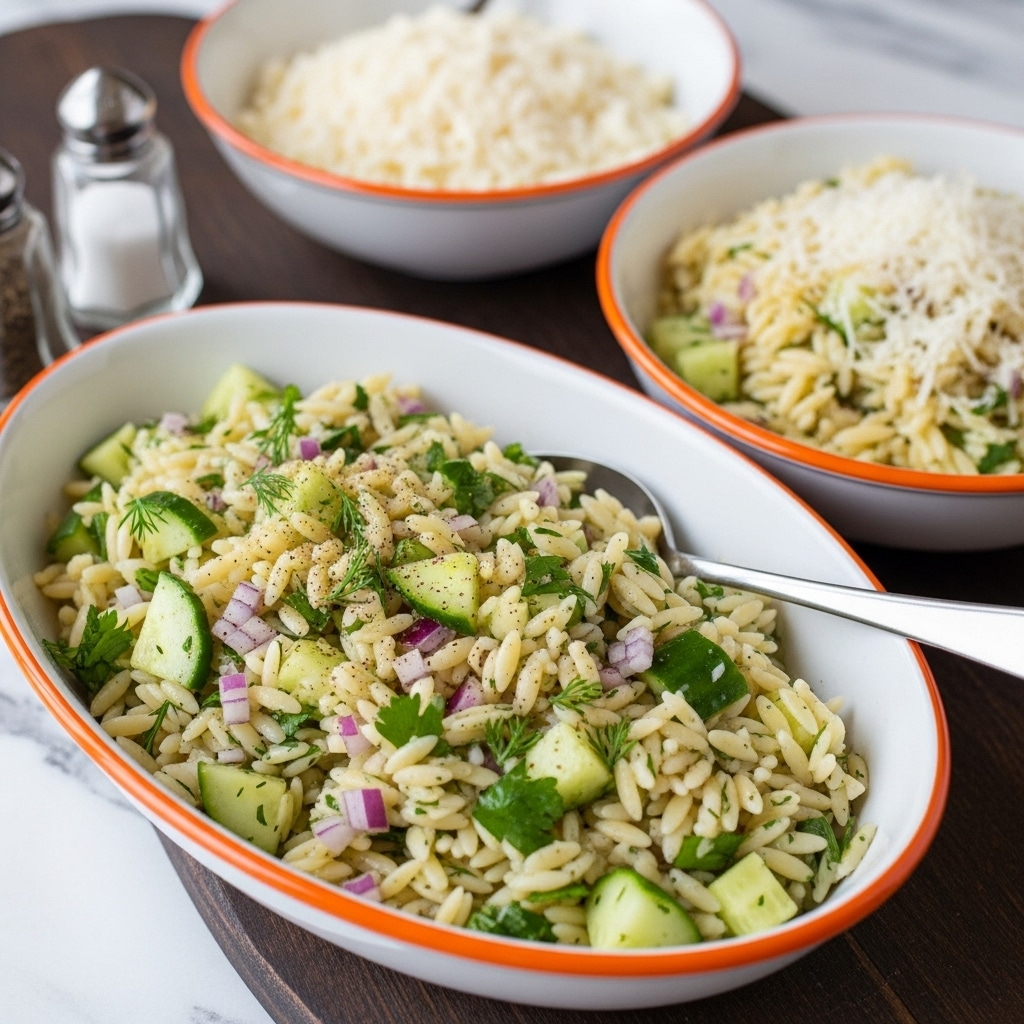 A close-up of an oval white bowl with an orange rim filled with orzo pasta salad that has chopped green herbs, diced cucumber, and small pieces of purple onion mixed in, creating a fresh green and white with purple specks mix; a silver spoon rests on one side of the bowl. Behind it are two round white bowls with orange rims, one filled with plain grated white cheese and the other with more orzo salad topped with grated cheese. The bowls are placed on a dark wooden table with a white marbled texture. There are salt and pepper shakers to the left. photo taken with an iphone --ar 4:5 --v 7
