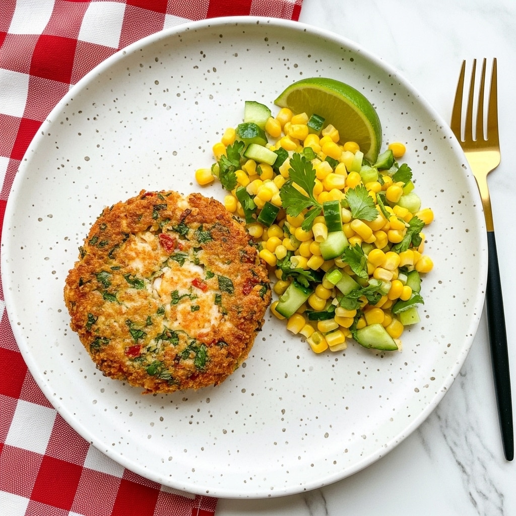 A white speckled plate holds a golden-brown, crispy crab cake with a rough textured surface, full of green herbs and small red bits. Next to it is a colorful corn salad with bright yellow corn kernels mixed with chopped green herbs and bits of light green cucumber, topped with a small wedge of pale green lime. The plate sits on a white marbled surface, with part of a red and white checkered cloth underneath. A gold fork with a black handle is positioned to the right on the surface. photo taken with an iphone --ar 4:5 --v 7