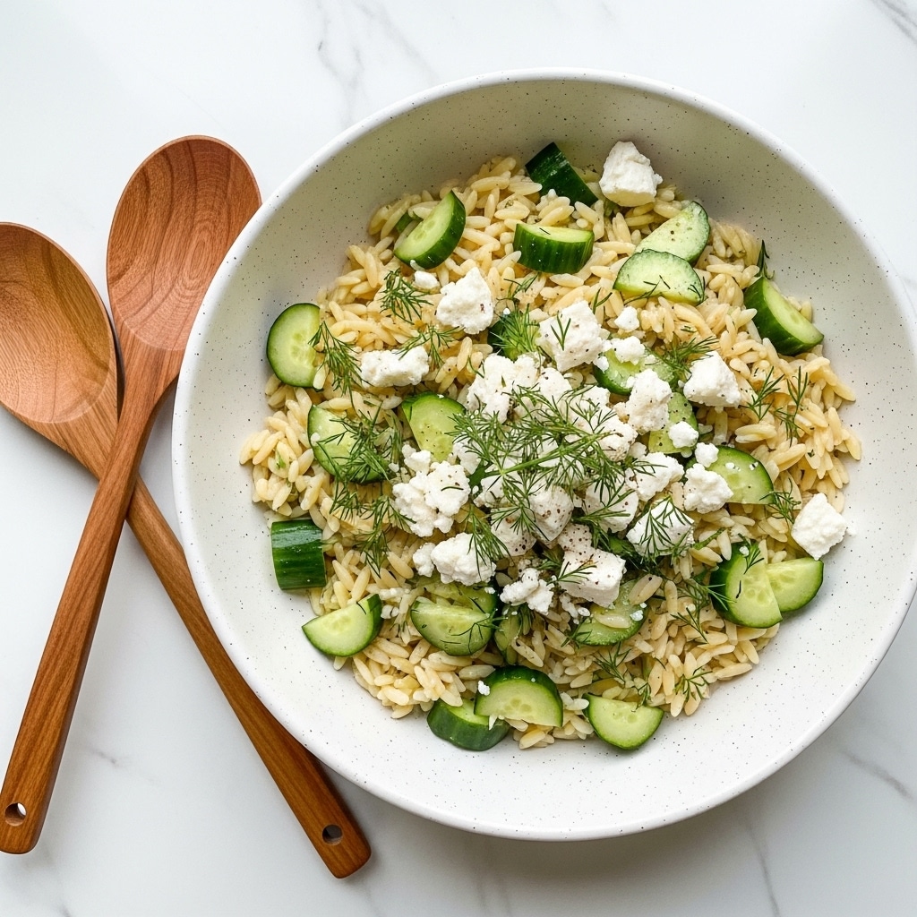 A white speckled bowl filled with a fresh orzo pasta salad sits on a white marbled surface. The dish has a base layer of light beige orzo pasta mixed with bright green diced cucumbers scattered throughout. On top are chunks of white feta cheese, soft and crumbly in texture, along with sprigs of fresh dill adding a delicate feathery green accent. To the left of the bowl are two wooden spoons with smooth, rounded handles resting on the surface. The whole scene is bright and clean, emphasizing the fresh ingredients and simple textures. photo taken with an iphone --ar 4:5 --v 7