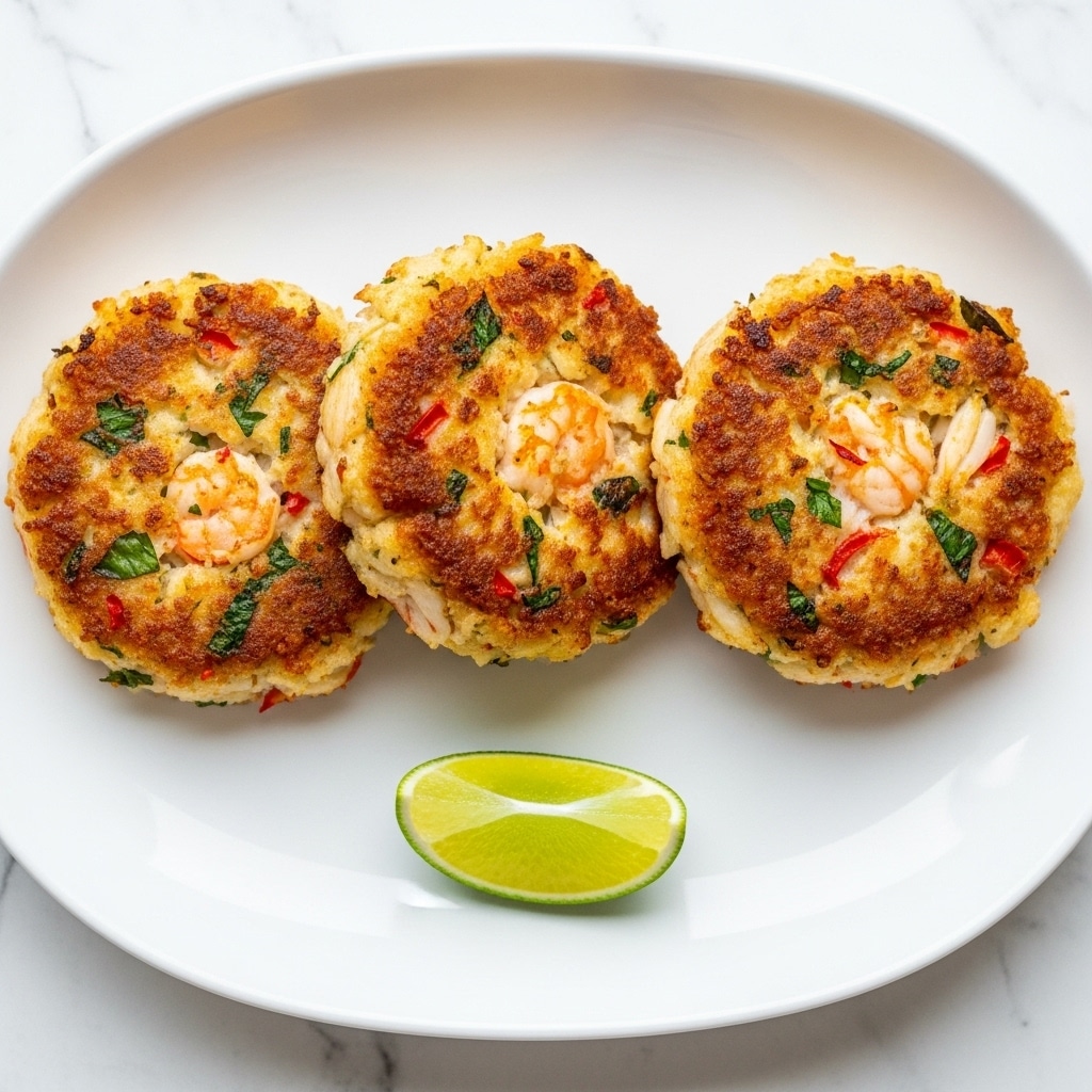Three golden brown crab cakes sit close together on a white plate, each cake showing a rough and crispy texture with visible bits of green herbs and small red pepper pieces throughout. The cakes have a crunchy, uneven surface with browned edges. Below them on the plate is a small wedge of light green lime. The plate rests on a white marbled texture background. photo taken with an iphone --ar 4:5 --v 7