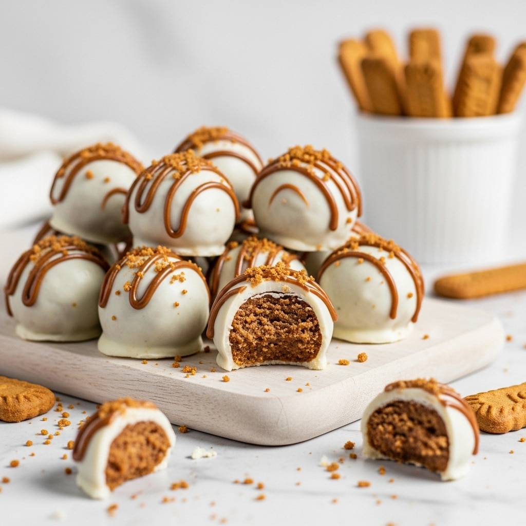 A pile of round bite-sized treats sits on a light wooden board, each coated in a smooth white layer with a drizzled brown sauce on top and sprinkled with small crunchy brown crumbs. Some are whole, showing their creamy brown inside, while one is bitten revealing a soft, dense layered filling fully covered by the white outer shell. Scattered crumbs and broken pieces surround the board on a white marbled surface. In the background, a white ceramic cup filled with brown biscuit sticks is slightly blurred, adding a warm and cozy feel to the scene. photo taken with an iphone --ar 4:5 --v 7