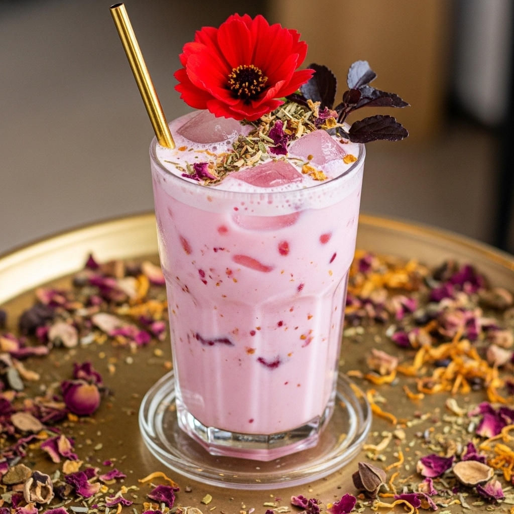 A tall transparent glass filled with a pink creamy drink containing small pieces of dried flower petals and herbs scattered throughout in light and dark pink shades, ice cubes floating near the top, and froth forming a thick foam layer. On top, a single large bright red flower and dark small herb leaves are placed as garnish along with a shiny gold straw on the left edge. The glass is placed on a clear glass coaster, all set on a round tray with scattered dried pink, brown, and orange petals and herbs, against a blurred background with warm tones. Photo taken with an iphone --ar 4:5 --v 7