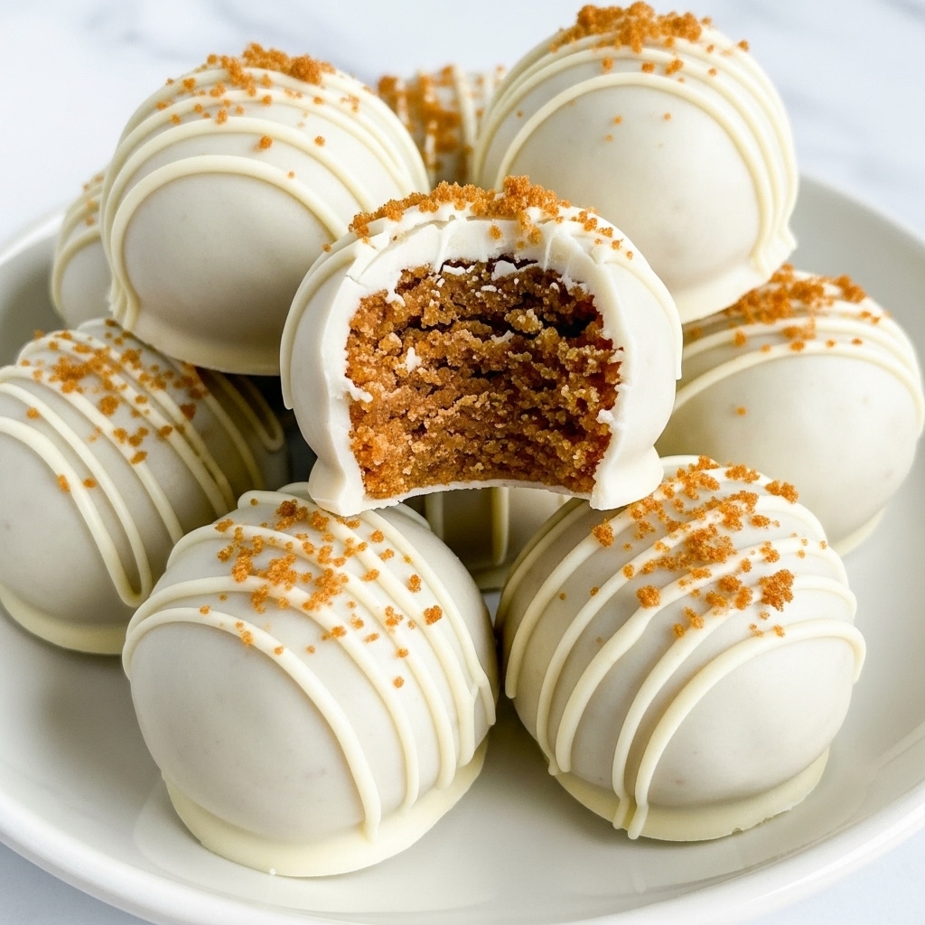 A close-up view of several round dessert balls arranged in a pile on a white plate with a white marbled background. Each ball has a smooth white coating, with thin white drizzle lines crossing the top, and sprinkled with small golden brown crumbs. One of the balls is bitten, revealing a crumbly, light brown textured inside that looks dense and moist. The white coating looks glossy and thick, enveloping the inner layer fully. The golden crumbs add a rough texture contrast on the smooth white surface. photo taken with an iphone --ar 4:5 --v 7