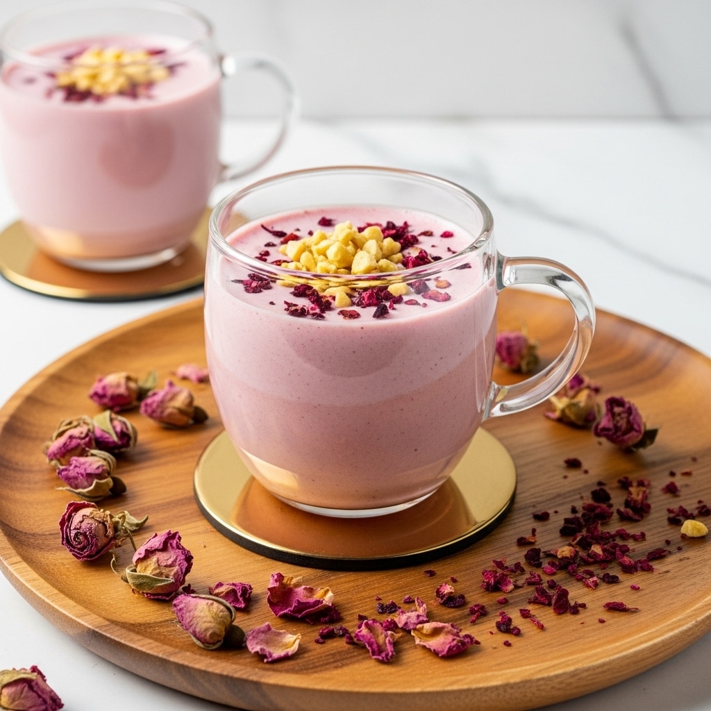 The image shows a glass cup with a clear handle filled with a smooth, light pink drink topped with small pieces of light yellow nuts and tiny dark pink flakes. The cup sits on a round golden coaster placed on a round wooden tray. Around the cup on the tray, there are scattered dried light pink rose petals and small dark pink flakes. The background is a white marbled texture, and another similar glass cup is slightly blurred in the back. photo taken with an iphone --ar 4:5 --v 7
