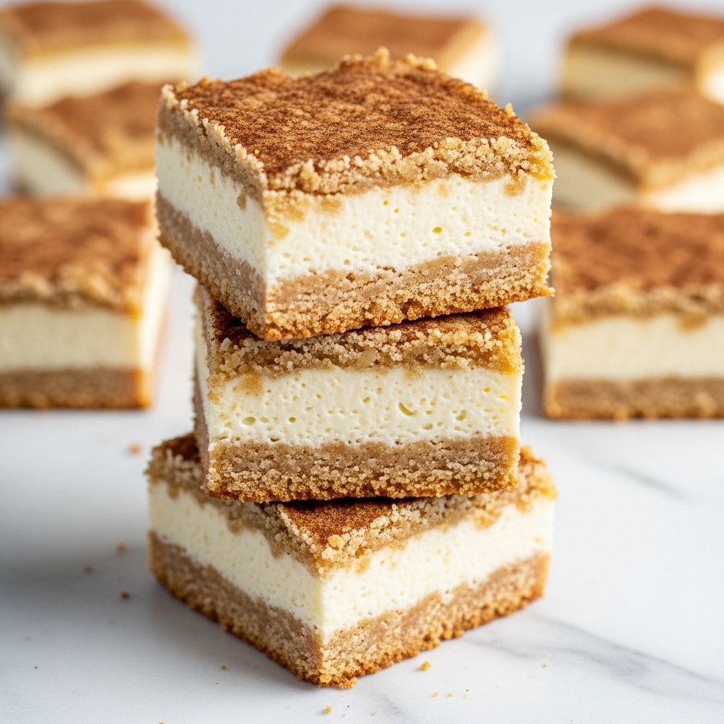 The image shows three square dessert bars stacked on top of each other on a white marbled surface. Each bar has two visible layers: a light creamy layer in the middle with a smooth texture, and a golden brown crumbly layer on top and bottom, sprinkled with a fine dusting of cinnamon powder. The layers look soft and moist with a slight crustiness on the edges. In the background, there are more of the same bars slightly out of focus. Photo taken with an iphone --ar 4:5 --v 7