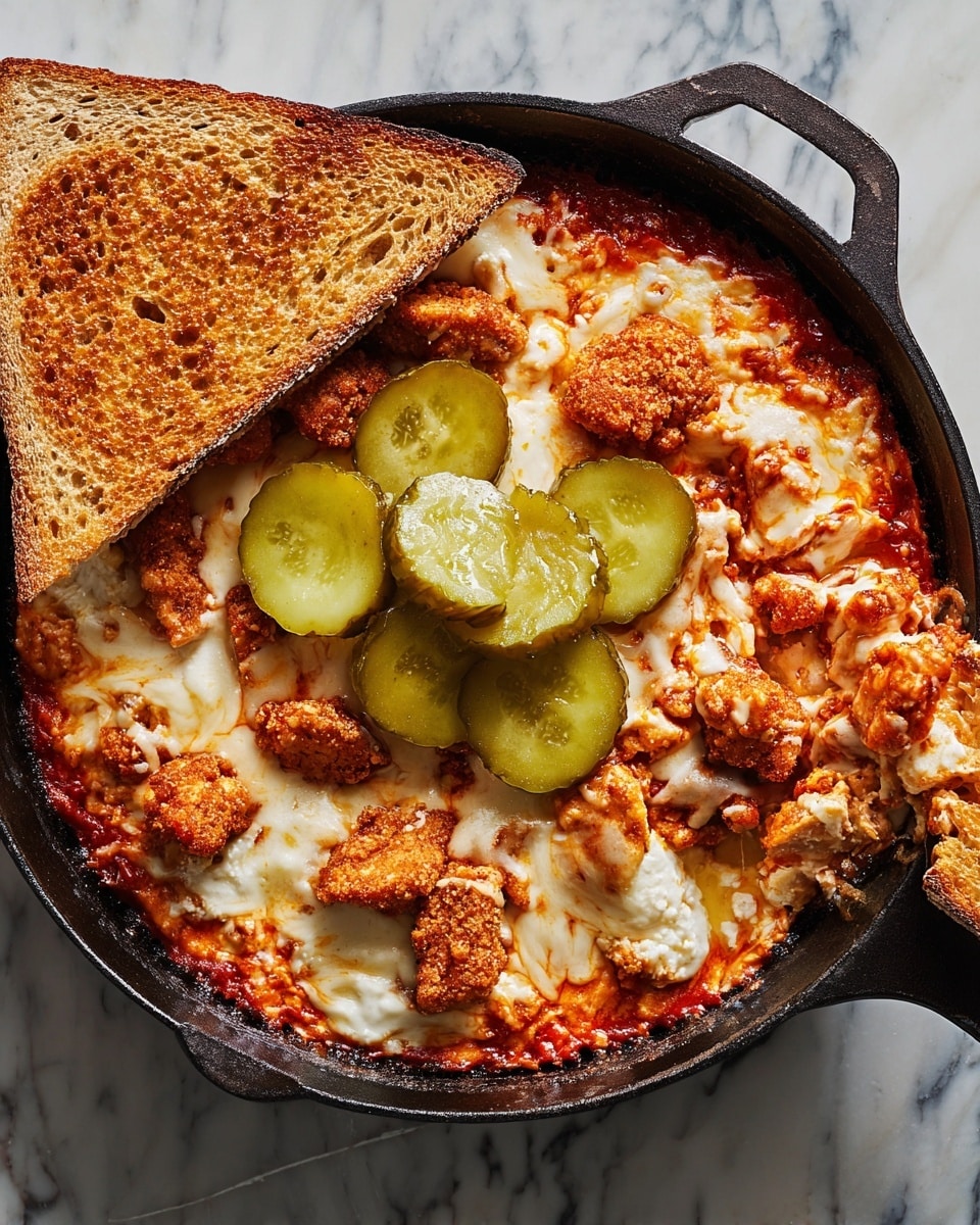 The dish is served in a black cast iron skillet on a white marbled surface, featuring a layered bake. The bottom layer is a rich reddish tomato sauce spread evenly, topped with a layer of melted, creamy white cheese that is slightly browned in spots around the edges. Scattered on top are small, golden brown crispy chicken pieces adding a crunchy texture. There are several thinly sliced, crinkled green pickles spread mainly in the center. A triangular piece of toasted at the side is partially dipped in the cheesy chicken mixture. Photo taken with an iphone --ar 4:5 --v 7