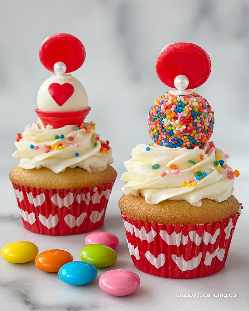 Two cupcakes sit side by side on a white marbled surface, each in a white cupcake liner with a red sleeve featuring white hearts. The cupcakes have a golden-brown base topped with swirled white frosting dotted with small, colorful round sprinkles. On top of the frosting is a red candy shaped like a small cone with a white heart in the center, and above that is a white round candy ball half covered in vibrant, multicolored sprinkles. Each ball is crowned with a flat red candy disk topped with a small white pearl-like decoration. Around the cupcakes are several brightly colored round candies in yellow, pink, green, blue, orange, and white. photo taken with an iphone --ar 4:5 --v 7
