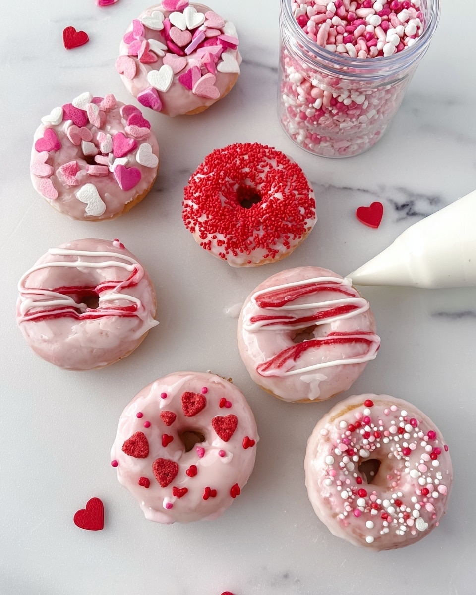 The image shows eight small donuts on a white marbled surface, each with a light pink glaze that has a slight white swirl effect. Each donut is decorated differently: one has red sugar sprinkles covering half, another has red, pink, and white heart-shaped sprinkles on top with white icing drizzled over it, one is covered with small red, white, and pink round sprinkles, and others have white and red drizzle with a few sprinkle accents. To the top left, there is a container filled with pink, red, and white heart-shaped sprinkles, and to the bottom right, a white piping bag is visible with a small amount of white icing coming out. photo taken with an iphone --ar 4:5 --v 7