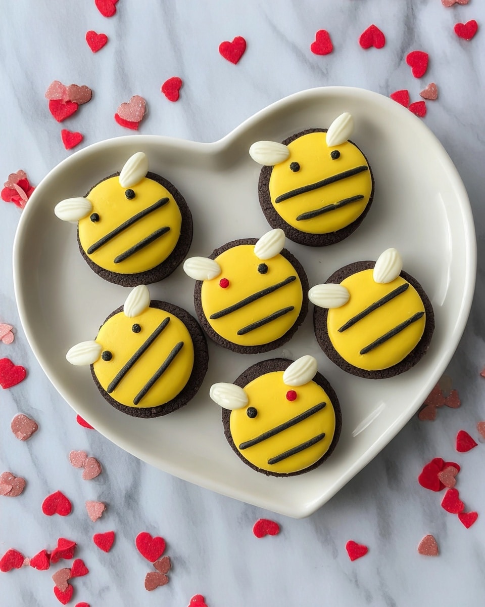 Six round sandwich cookies decorated to look like bees sit on a white heart-shaped plate. Each cookie has a dark textured bottom layer, partly covered by smooth, bright yellow icing forming the bee's body with one wide vertical yellow stripe in the middle and a yellow half circle at one side. Small black dots near the edge serve as eyes. Two small, oval, white almond slices create wings attached on top, alongside tiny, red, heart-shaped candy details where the wings meet the body. The plate rests on a white marbled surface, sprinkled with small red heart-shaped confetti. photo taken with an iphone --ar 4:5 --v 7