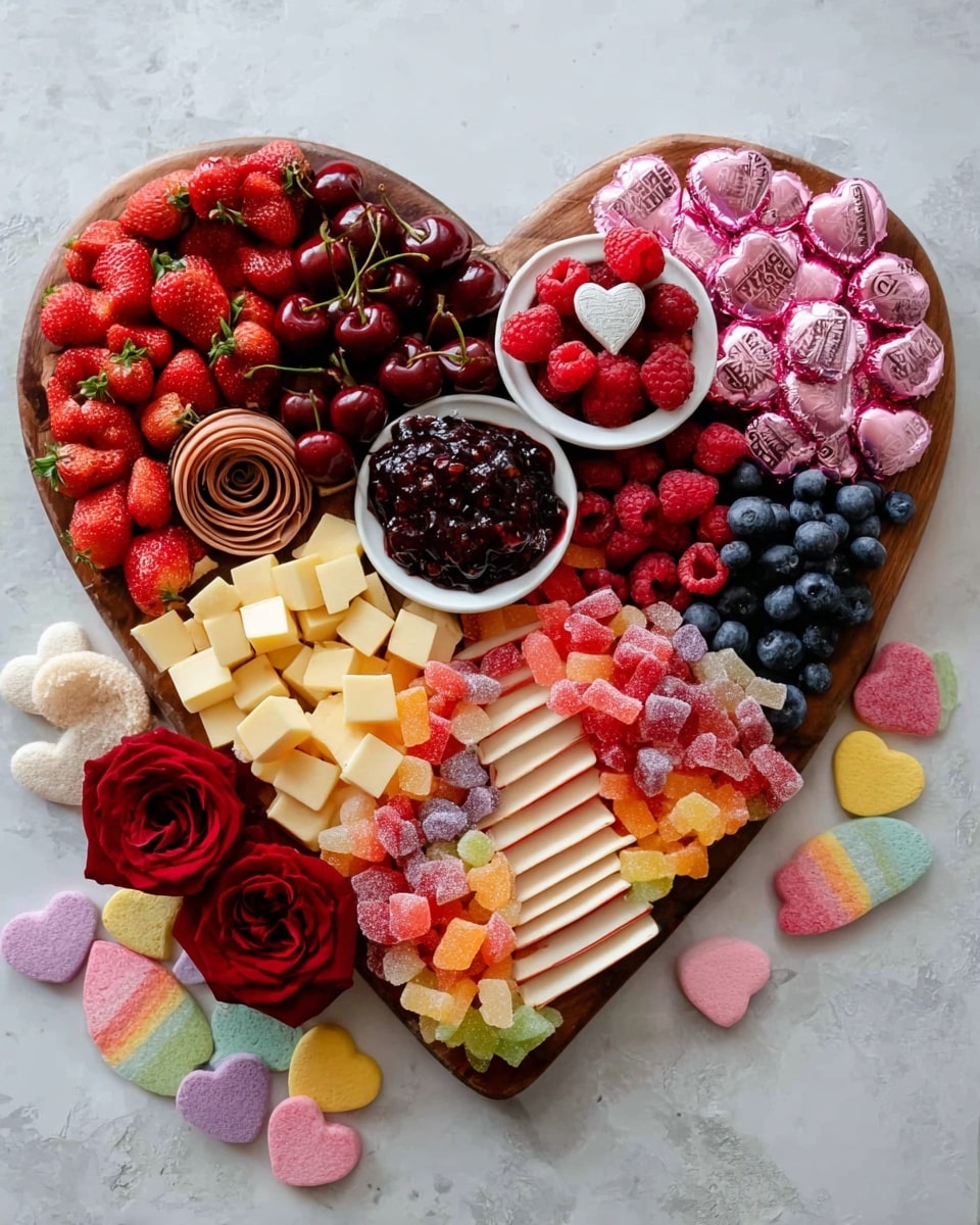 A heart-shaped wooden board is filled with many colorful items arranged in layers to look like a Valentine's Day theme. On the left side, there are red strawberries, cubes of light yellow cheese with bits of fruit, and a spiral of thinly sliced brown meat shaped like a flower. Next to it are dark red cherries and a small round piece of white cheese with a heart-shaped dark piece on top. Spread across the center are dark red raspberries and blueberries, with a small white bowl filled with black jelly or jam topped with fresh raspberries and strawberry halves. Pink foil-wrapped heart chocolates cover part of the center top. On the right side, there are chunks of pale yellow cheese mixed with gummy candies in red and pink colors. Below this, more red raspberries and a second brown meat spiral are placed near a row of white cheese slices with red lines between each slice, creating a striped effect. Dark purple grapes are scattered mainly in the bottom center, while a heart-shaped white bowl contains bright red candy hearts in the bottom left. Two deep red roses appear on the board and a third one along the bottom edge, with pastel-colored heart candy scattered around the edges on a white marbled surface. photo taken with an iphone --ar 4:5 --v 7