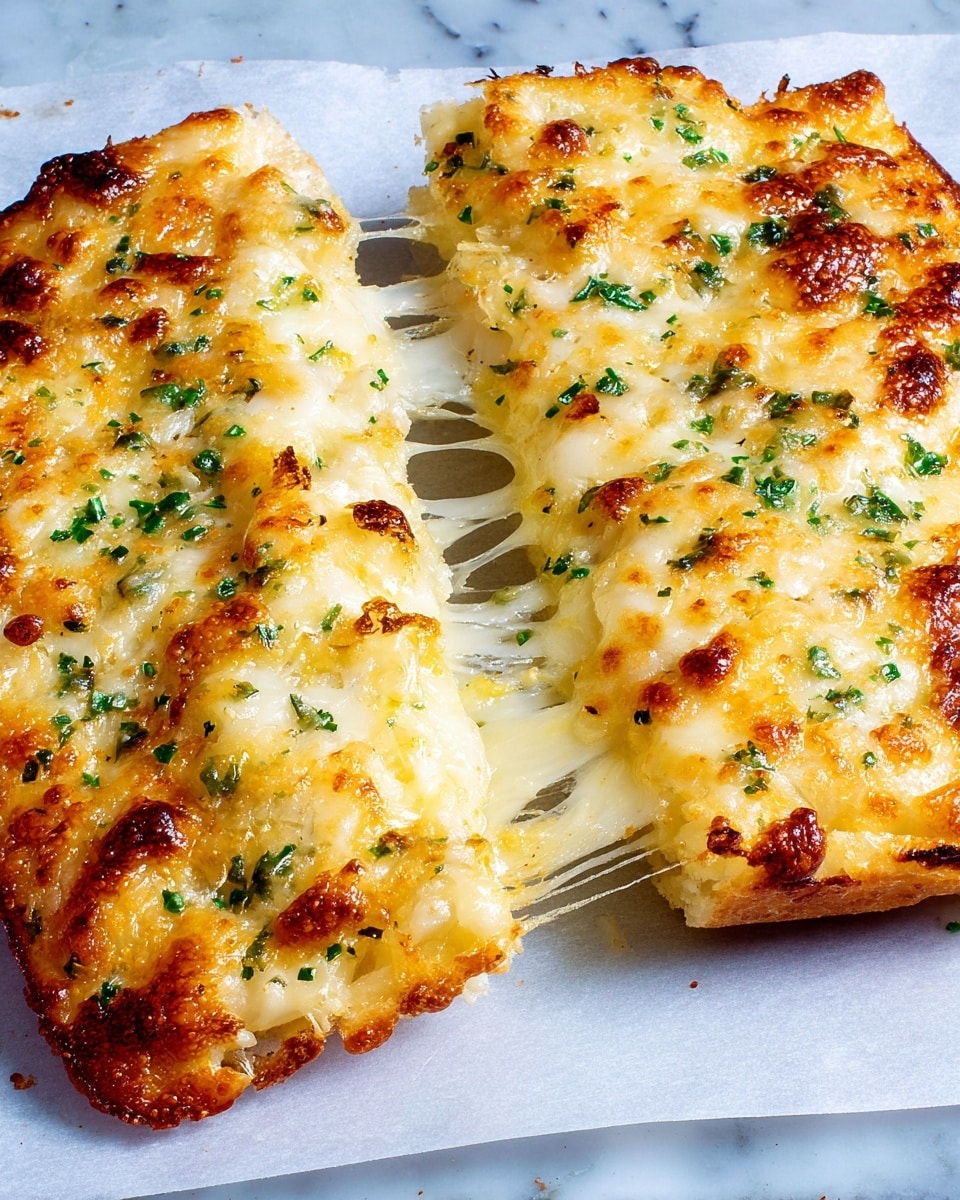 The image shows two thick square slices of cheese bread on white parchment paper over a white marbled surface. Each slice has a golden, bubbly, and slightly browned top layer of melted cheese with visible green herb bits scattered evenly across. The cheese is stretchy and melted, oozing between the two slices as they are pulled apart, showing smooth, gooey layers of cheese inside. The edges of the bread are slightly crispy and browned, contrasting with the soft, fluffy interior beneath the cheese topping. photo taken with an iphone --ar 4:5 --v 7