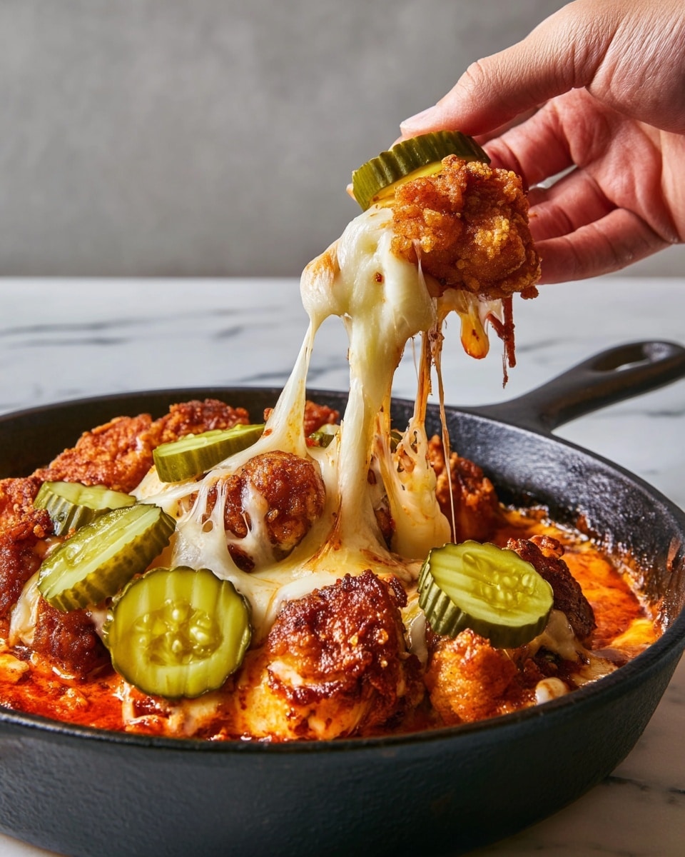 A woman's hand lifts a piece of fried chicken topped with melted, stretchy white cheese from a black cast iron skillet. The dish shows several layers: at the bottom, a red-orange sauce coats the skillet, followed by crunchy, golden-brown fried chicken pieces scattered on top. The chicken is covered with melted white cheese that stretches as the piece is lifted. Slices of green pickles with ridged edges are placed on the chicken and cheese, adding a fresh, contrasting texture. The background has a smooth white marbled texture. photo taken with an iphone --ar 4:5 --v 7