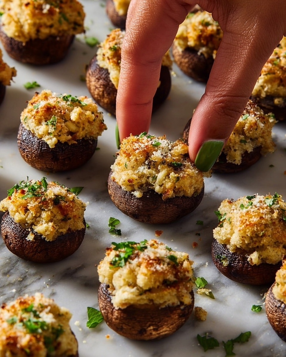 The image shows a close-up of many stuffed mushrooms arranged on a white marbled surface. Each mushroom has two layers: the bottom dark brown mushroom cap is firm and smooth, and the top layer is a golden brown, crumbly mixture mixed with bits of green herbs, giving it a textured, slightly crunchy look. Some small green herb pieces are sprinkled over the tops and scattered around the mushrooms on the surface. A woman's hand with painted green nails is picking up one stuffed mushroom from the group. The lighting highlights the contrast between the warm, toasted tops and the darker mushroom caps. photo taken with an iphone --ar 4:5 --v 7
