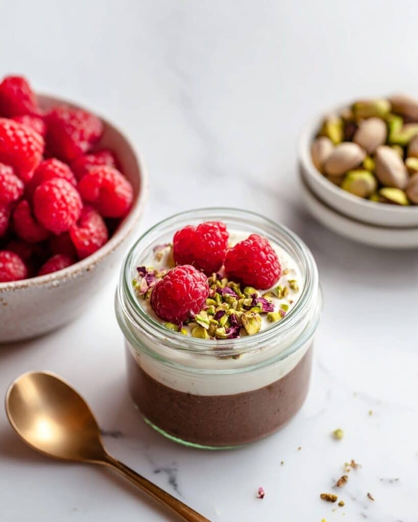 Cacao Blended Chia Pudding with Raspberries and Pistachios Recipe