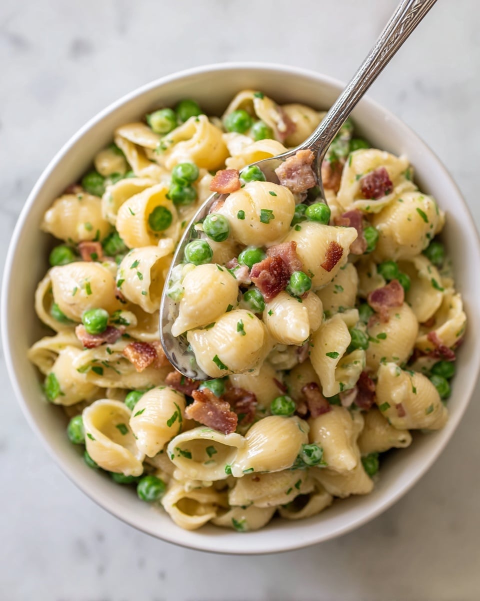 Creamy Pasta Salad with Bacon, Peas, and Parmesan Recipe - Recipe Image